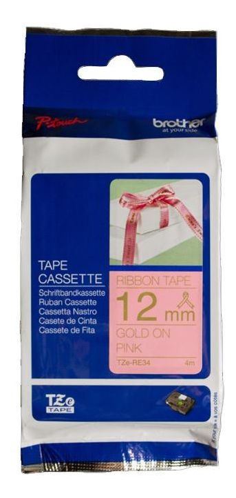 Brother P-Touch TZe 12mm Tape 4m - Gold on Pink Ribbon | Echidna Sewing