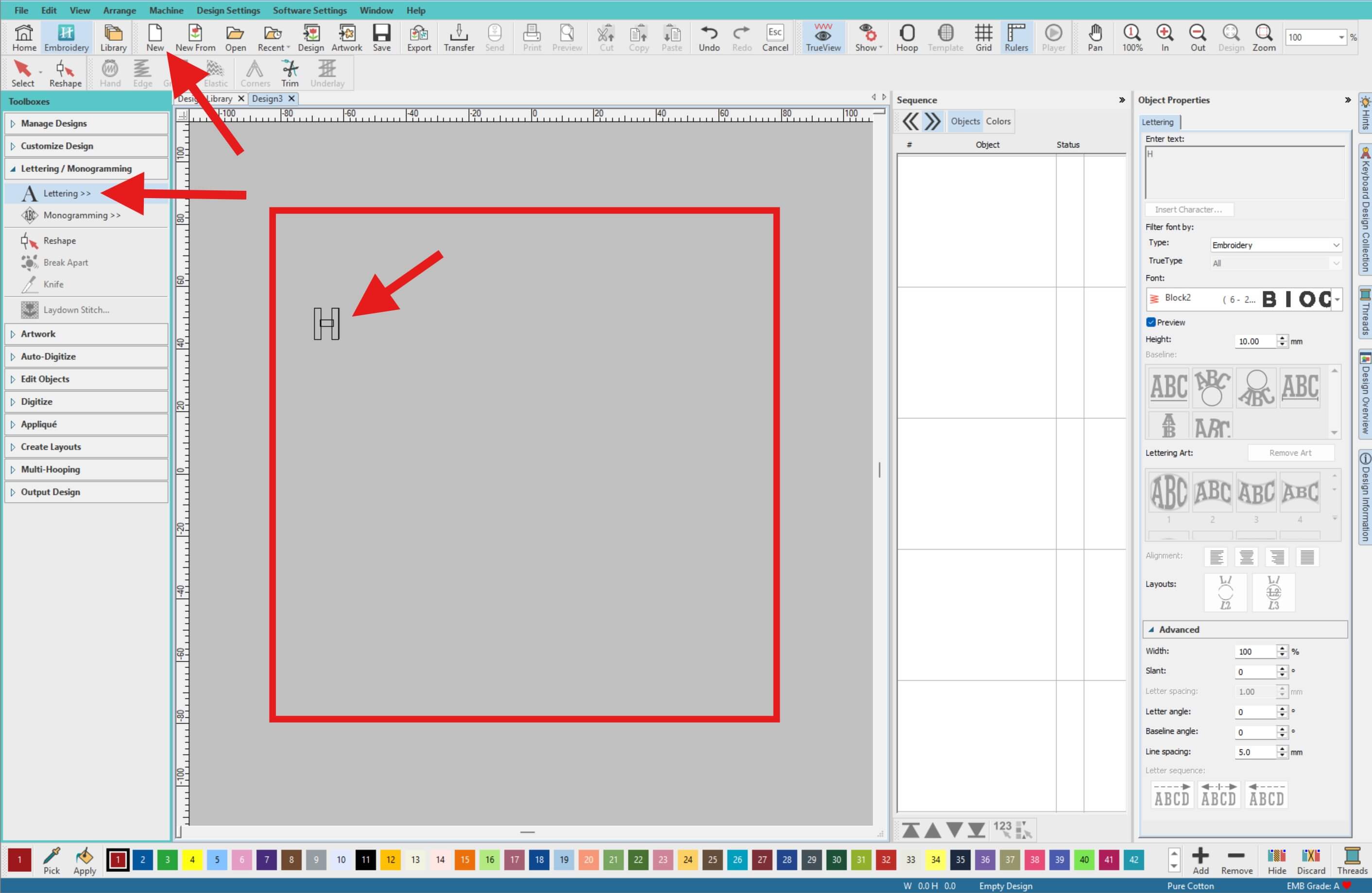 Typing a capital letter H using the lettering tool in Hatch Digitizer