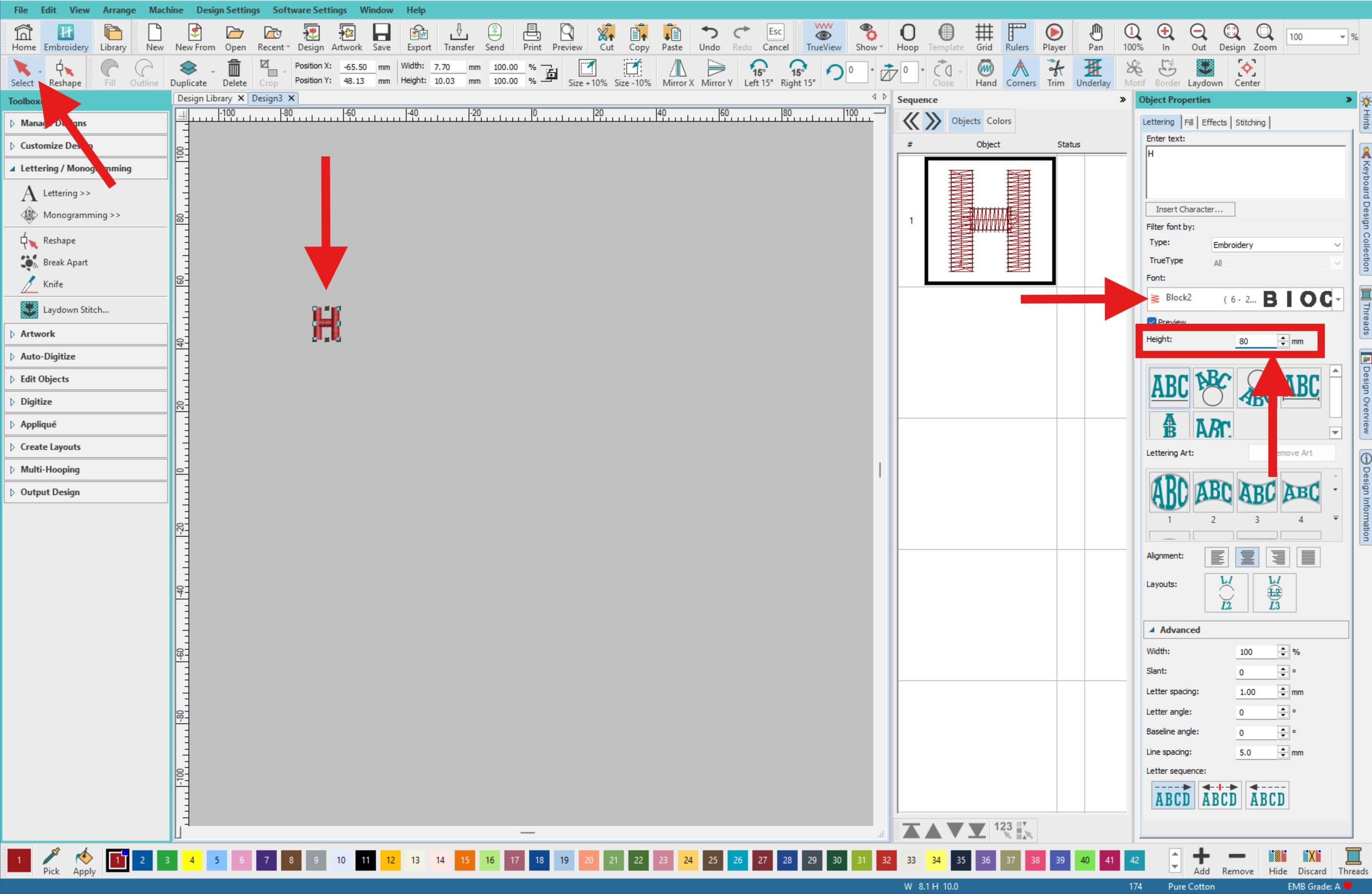 Setting the Block 2 font and adjusting the letter height in Hatch Digitizer