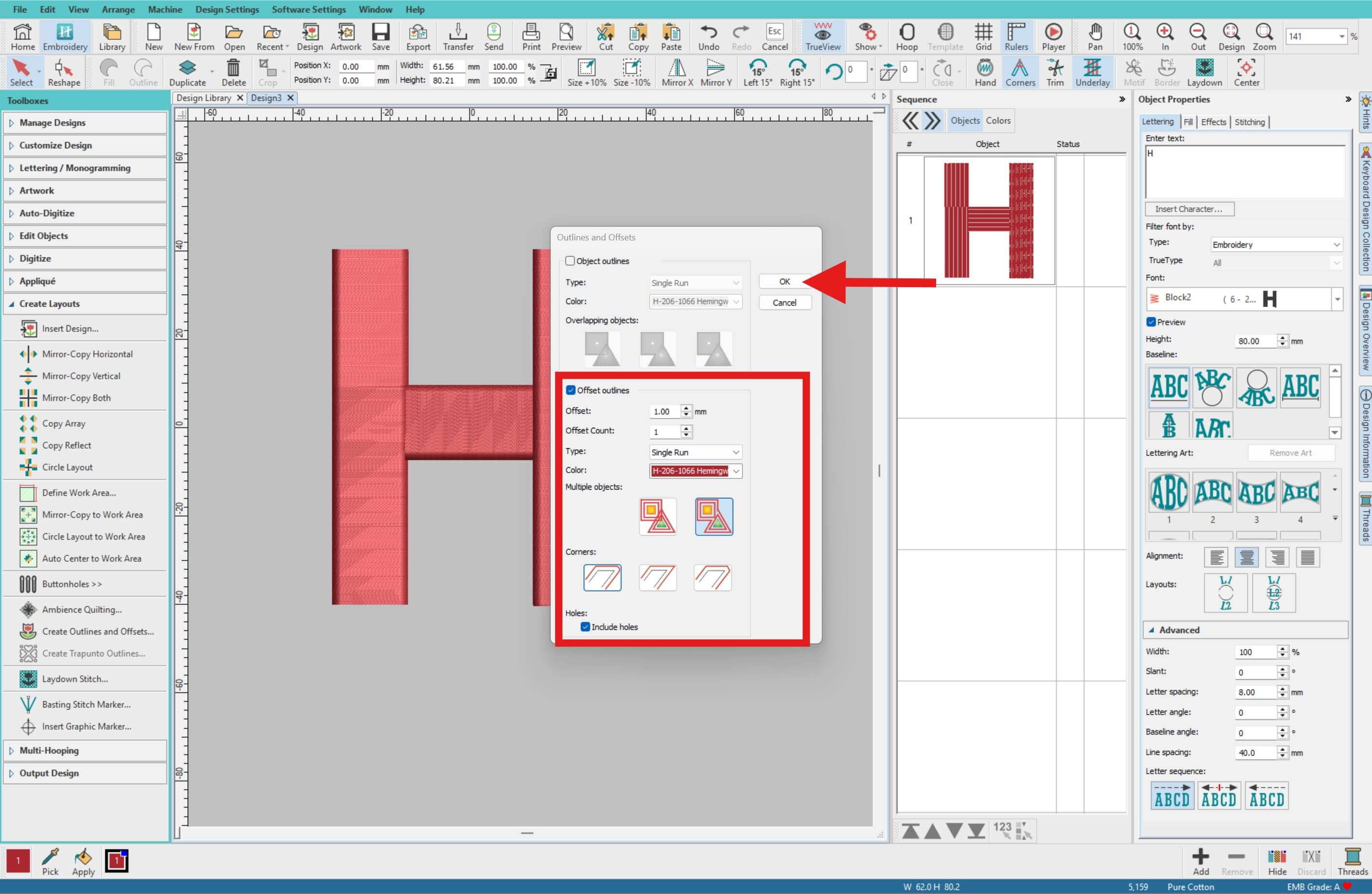 Outline and offset settings window for applique lettering in Hatch Digitizer