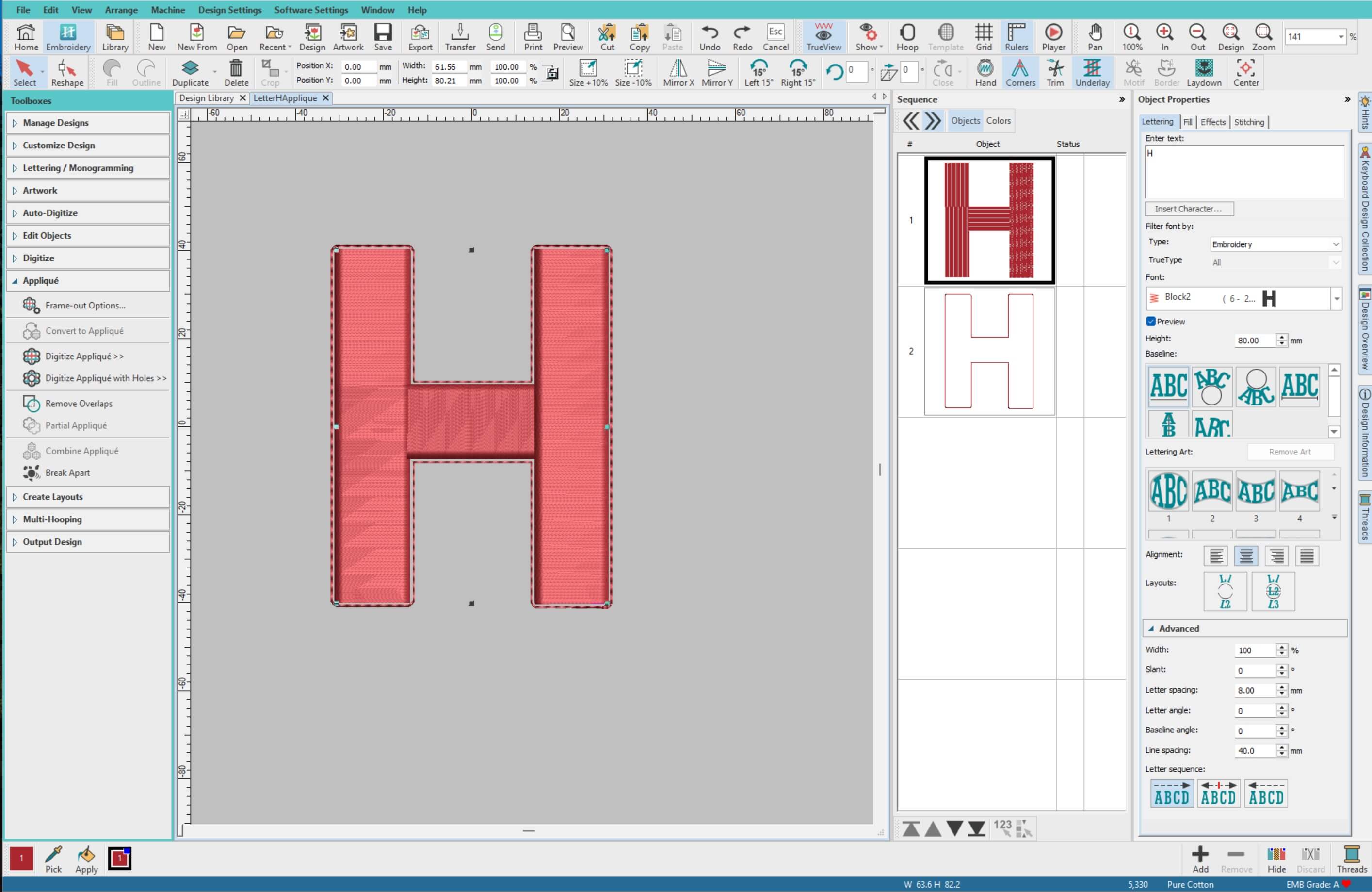 Outlined applique letter displayed in Hatch Digitizer