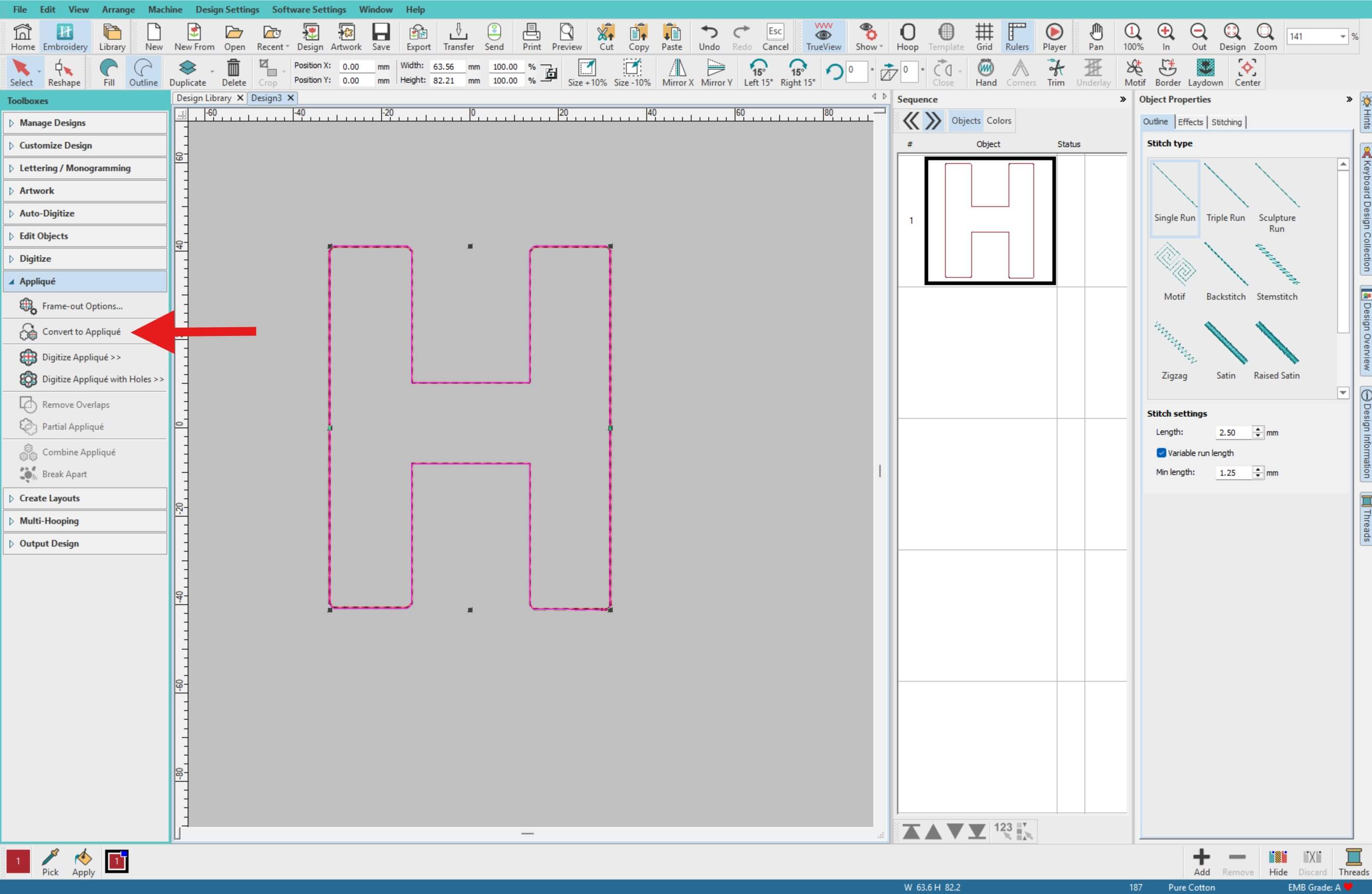 Convert to applique option selected in Hatch Digitizer