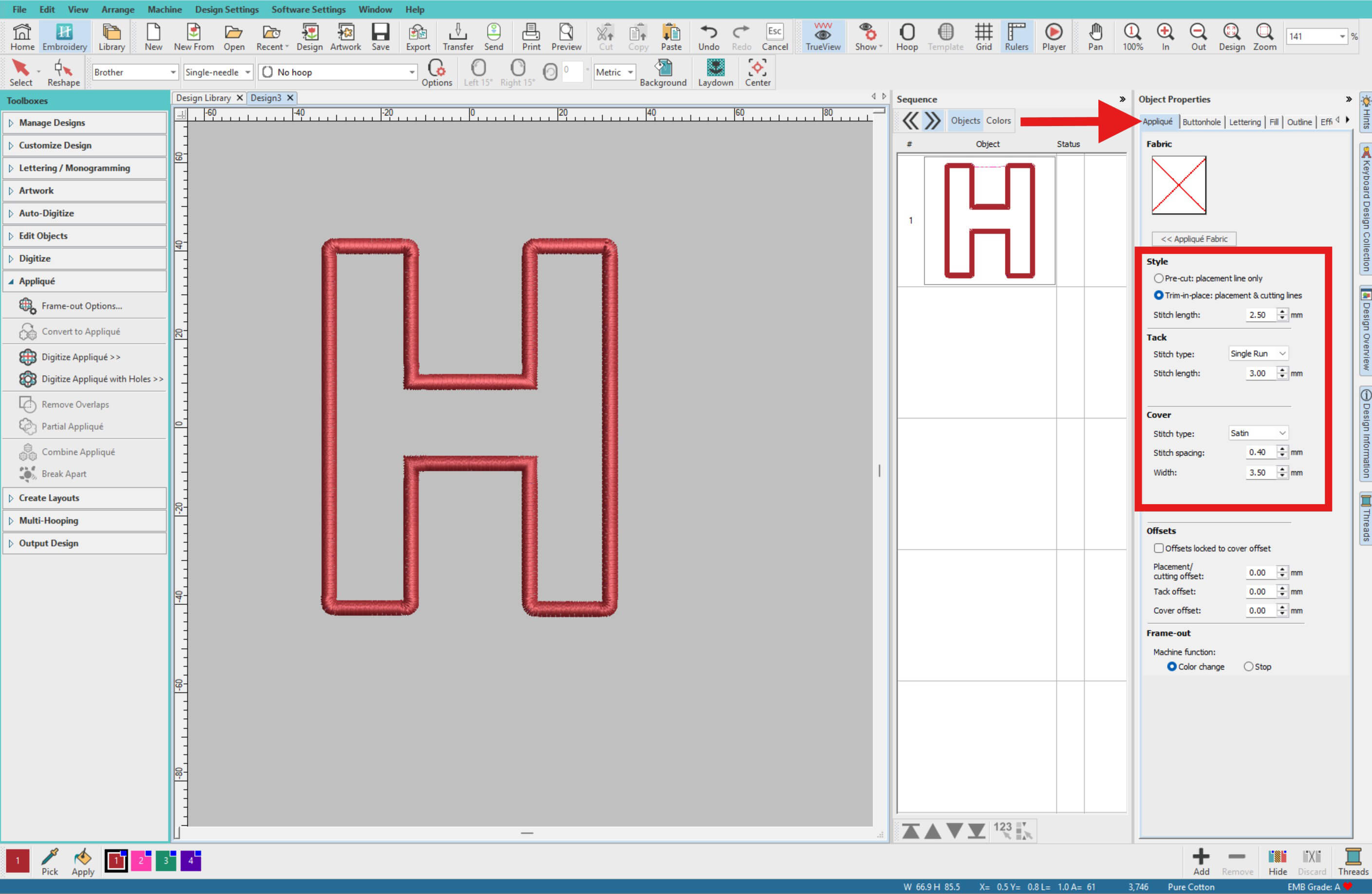 Applique settings for satin stitch applique lettering in Hatch Digitizer