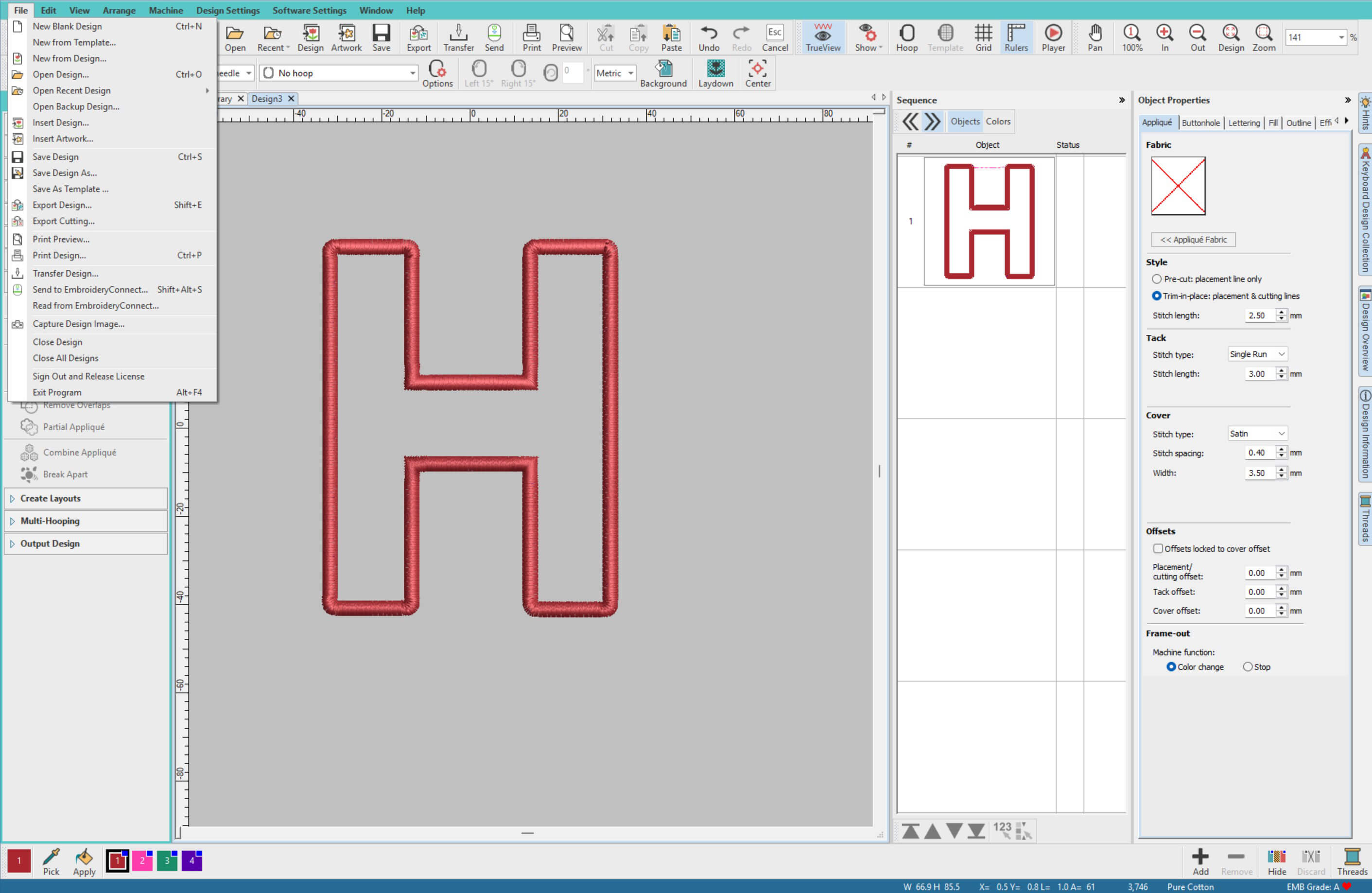 Exporting an applique embroidery design from Hatch Digitizer