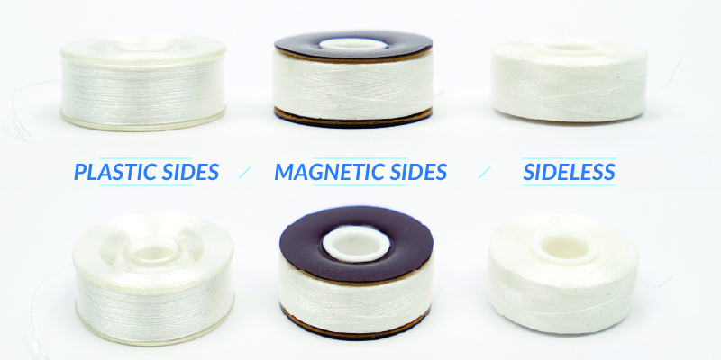 Bobbin Type Comparisons showing sideless bobbins, magnetic bobbins, and plastic bobbins