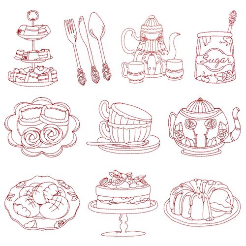 High Tea Redwork Embroidery Designs