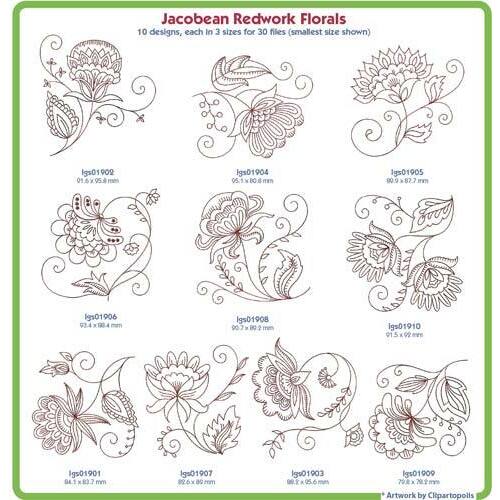Jacobean Redwork Flowers - Download
