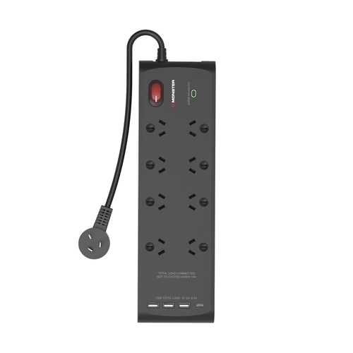 Monster 8-Socket Surge Protector with USB - Black | Echidna Sewing