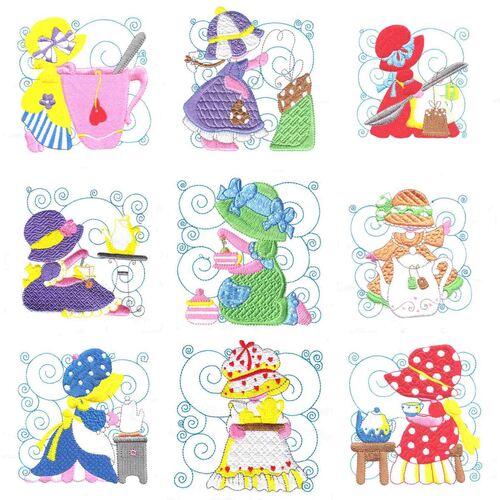 Sunbonnets Tea Time in Colour (10 designs) by Outback Embroidery - Download
