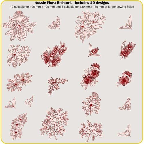 Aussie Flora Redwork by Dawn Johnson