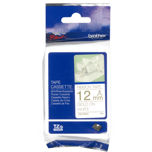 Brother P-Touch TZe 12mm Tape 4m - Gold on White Ribbon