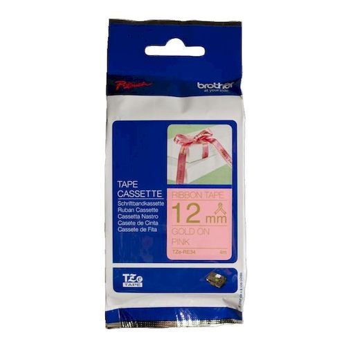 Brother P-Touch TZe 12mm Tape 4m - Gold on Pink Ribbon
