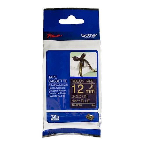 Brother P-Touch TZe 12mm Tape 4m - Gold on Navy Blue Ribbon