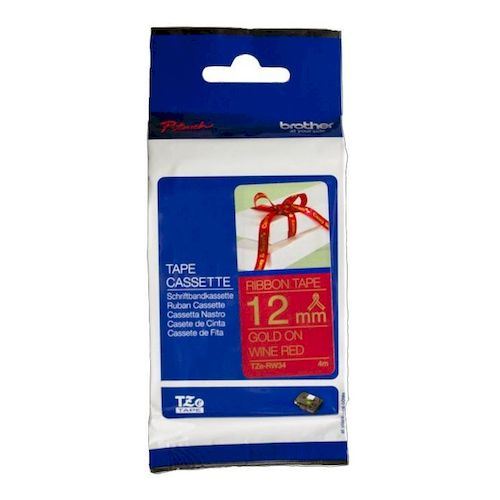 Brother P-Touch TZe 12mm Tape 4m - Gold on Wine Red Ribbon